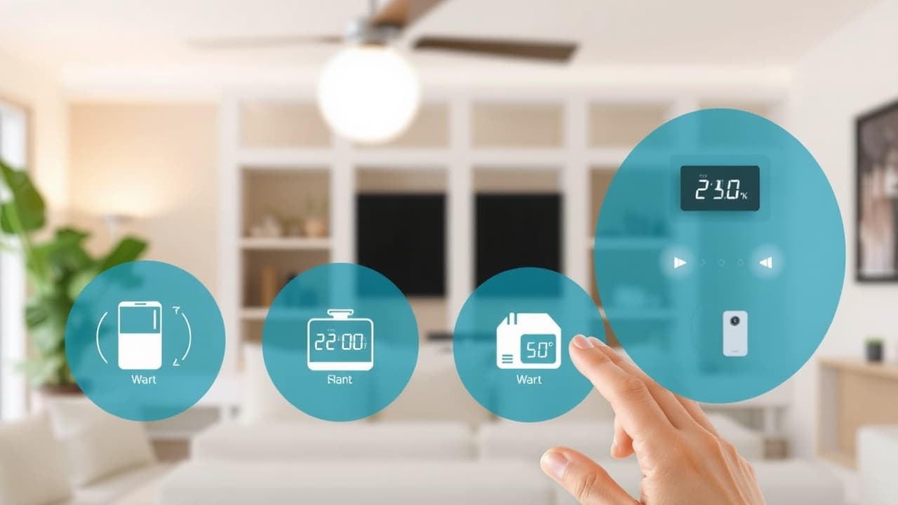 A home with smart devices like lights and thermostats controlled by voice